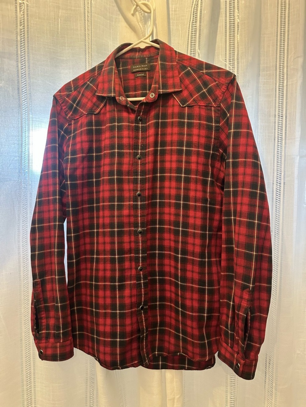 Zara Red and Black Plaid Button-Down Shirt